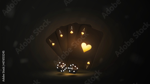 Poker playing cards with dice in black and gold. A concept for a casino.