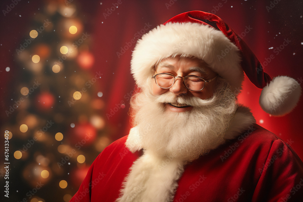 Portrait of a happy Santa Clause with Christmas tree and decorations in the background. Portrait of a happy Santa Clause with Christmas tree and decorations in the background.