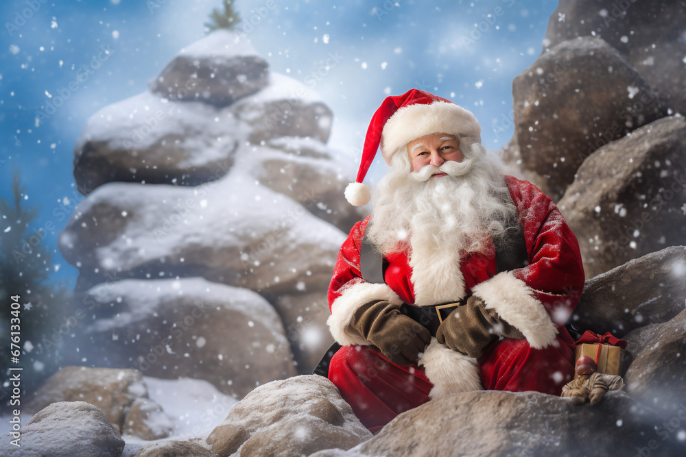 Portrait of a happy Santa Clause looking into the camera and sitting on the rocks covered with snow.