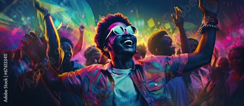 The African man stood out in the sea of people at the retro themed party dancing to the pulsating music and radiating a happy energy as he moved to the rhythm of the black wave with a portr