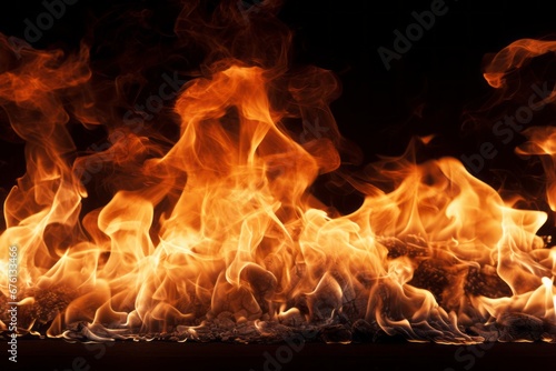 Intense and captivating fire flames elegantly flickering against a deep black backdrop