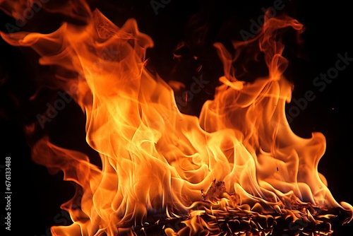 Vibrant and captivating fire flames flickering passionately against a deep black background