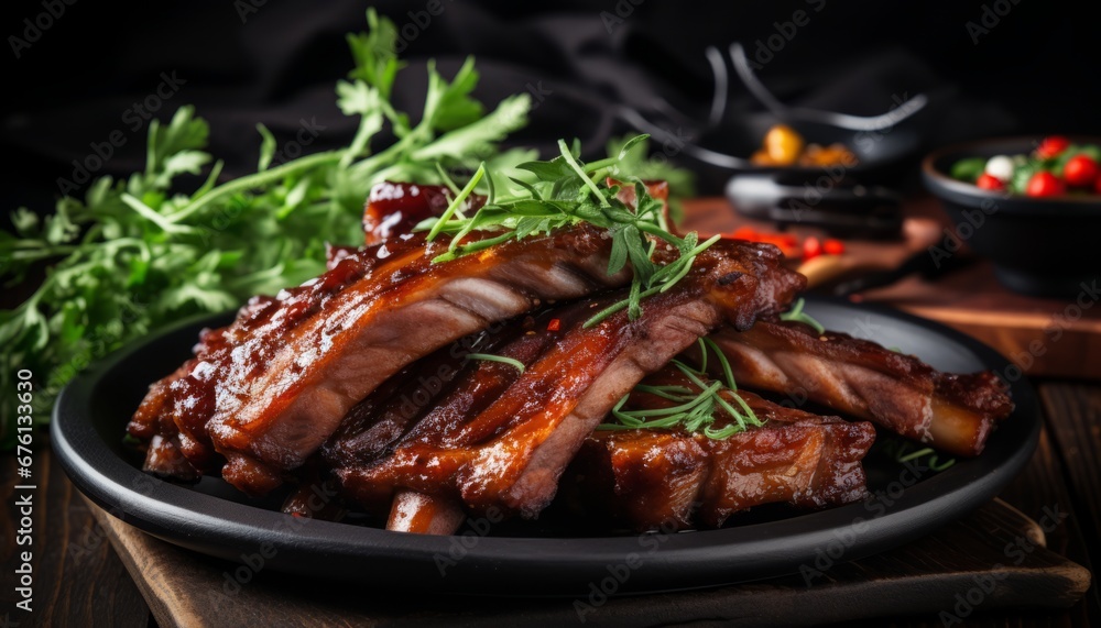 Delicious close up of tasty roasted sliced barbecue pork ribs with juicy slices of meat