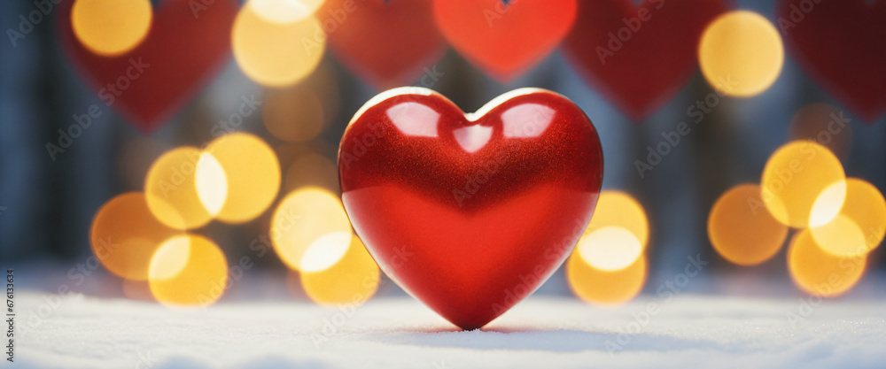 Big red shiny heart in white snow with bokeh effect background. Valentine's day illustration. Generative AI