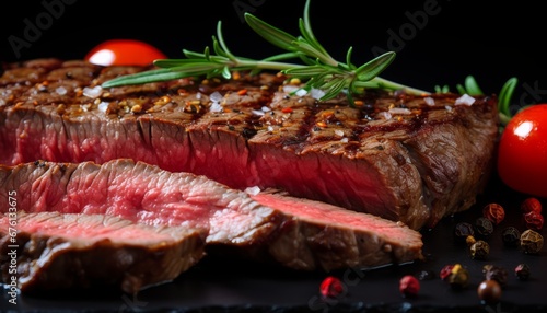 Perfectly cooked, juicy ribeye steak slices a close up of mouthwatering tenderness and rich flavor