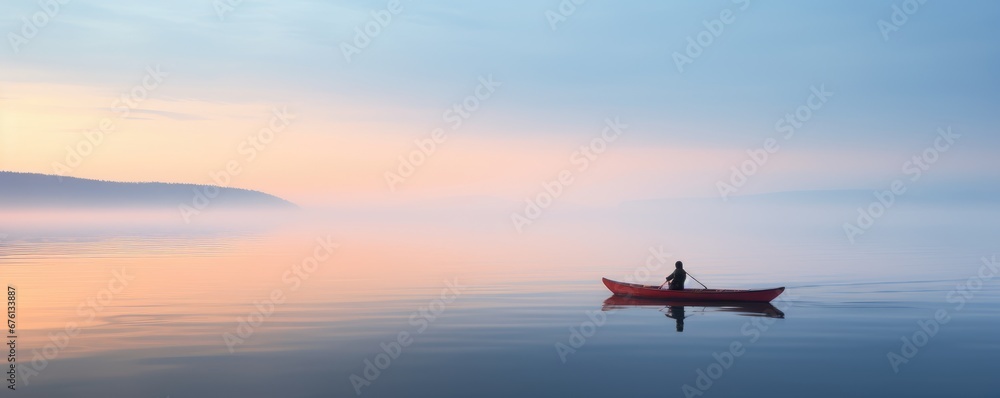 Person canoeing on a foggy lake at dawn