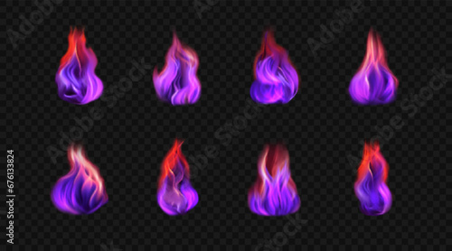 Set of 3d vector burning purple flames. Magic duotone fireballs isolated on transparent background