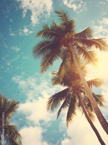 coconut palm trees against blue sky on a sunny day © fraudiana