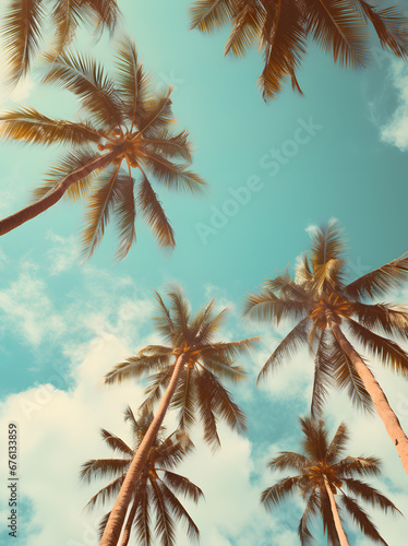 coconut palm trees against blue sky on a sunny day