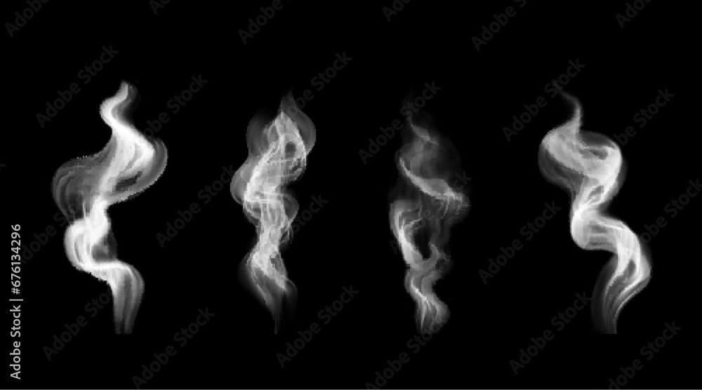 Realistic white hot food and drink smoke. Swirl vapor and flow haze on black background - obrazy, fototapety, plakaty 