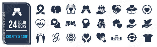 Charity and care solid icons collection. Containing donation, friendship, volunteer, foundation etc icons. For website marketing design, logo, app, template, ui, etc.
