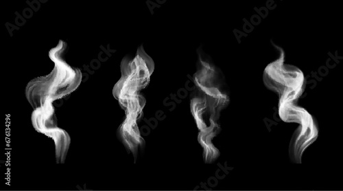 Realistic white hot food and drink smoke. Swirl vapor and flow haze on black background