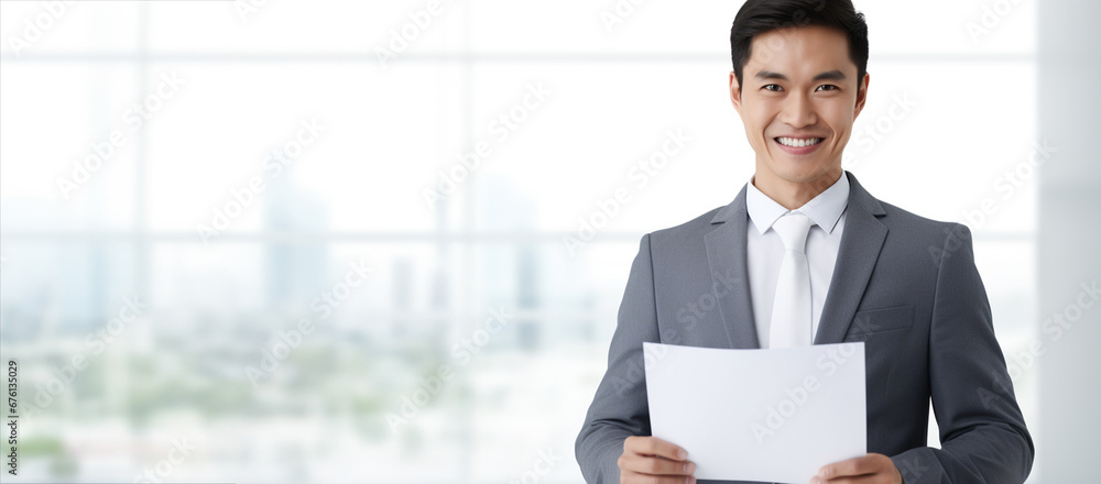 Happy smile businessman, holding a white sheet of paper on the office building, a white business professional. Generative AI. Happy smile businessman, holding a white sheet of paper on the office building, a white business professional. Generative AI.