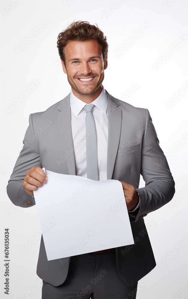 Businessman in gray suit, Happy smile holding white sheet of paper on a white background in the studio, white business professional. Generative AI. Businessman in gray suit, Happy smile holding white sheet of paper on a white background in the studio, white business professional. Generative AI.