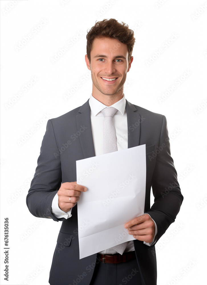 Businessman in gray suit, Happy smile holding white sheet of paper on a white background in the studio, white business professional. Generative AI. Businessman in gray suit, Happy smile holding white sheet of paper on a white background in the studio, white business professional. Generative AI.