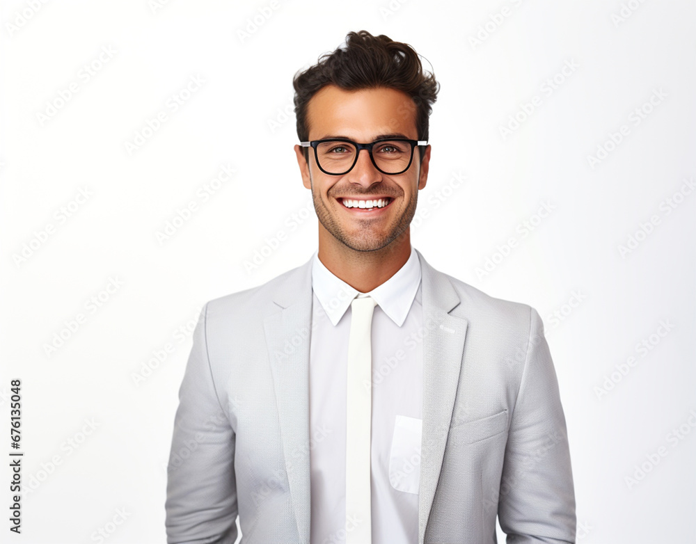 Happy smile businessman on a white background in the studio, white business professional. For art texture, presentation design or web design and web background. Generative AI. Happy smile businessman on a white background in the studio, white business professional. For art texture, presentation design or web design and web background. Generative AI.