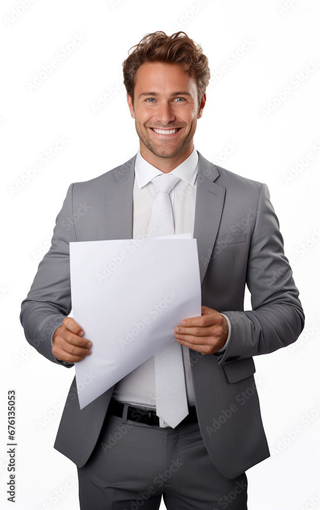 Businessman in gray suit, Happy smile holding white sheet of paper on a white background in the studio, white business professional. Generative AI. Businessman in gray suit, Happy smile holding white sheet of paper on a white background in the studio, white business professional. Generative AI.