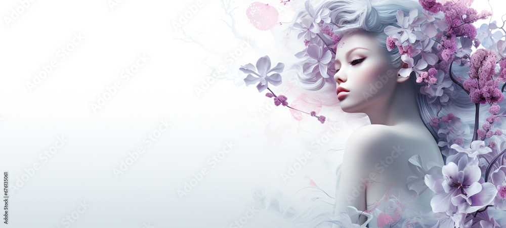 Bright beautiful young woman on white background, surrounded by purple flowers. Soft, white, smooth, bright skin. For art texture, presentation design or web design and web background. Generative AI. Bright beautiful young woman on white background, surrounded by purple flowers. Soft, white, smooth, bright skin. For art texture, presentation design or web design and web background. Generative AI.