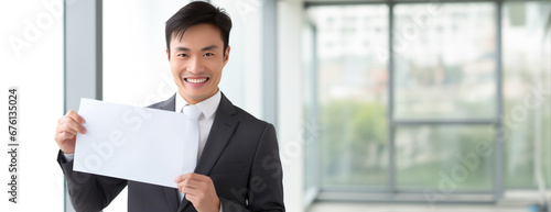 Happy smile businessman, holding a white sheet of paper on the office building, a white business professional. Generative AI.