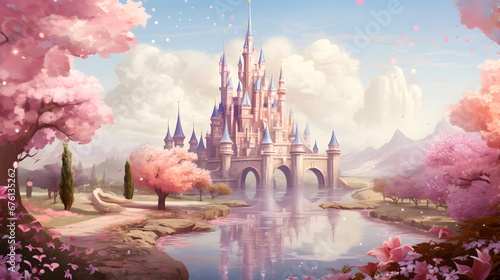 A fairytale dreamlike castle is illustrated in pastel colors, in a magical and mystical medieval kingdom, photo