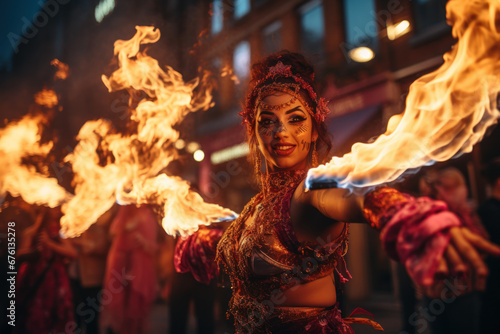 A vibrant and dynamic street performance featuring fire dancers, illustrating the fusion of ancient and modern entertainment. Generative Ai. photo