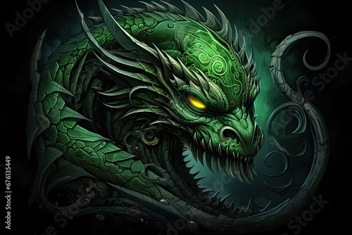 A picture of an emerald green dragon with curves.