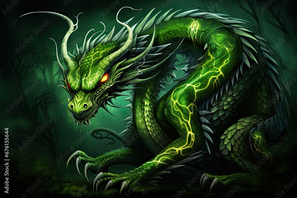 A picture of a green dragon with a yellow fire in the eye, Chinese year 2024. A picture of a green dragon with a yellow fire in the eye, Chinese year 2024.