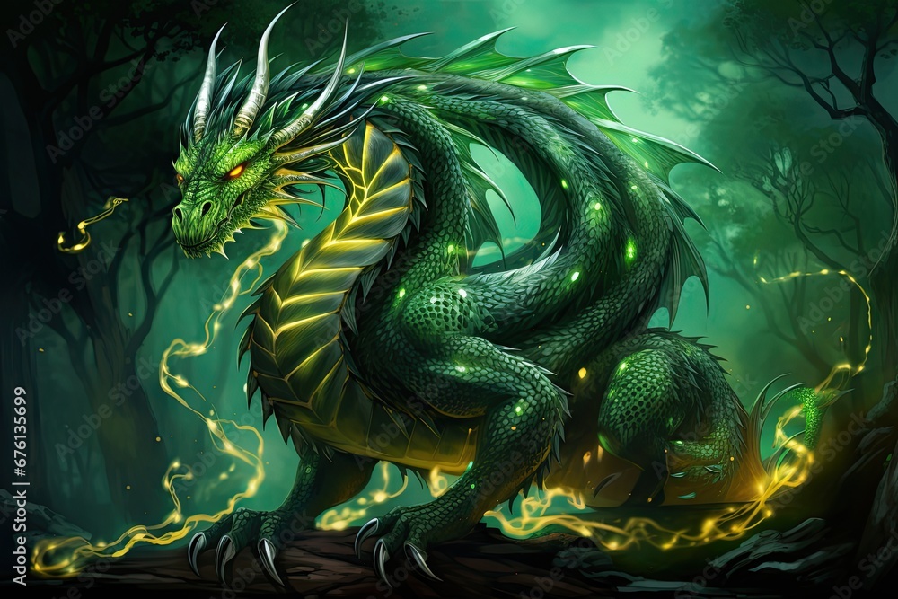 A beautiful green dragon, symbol of the year 2024 with fire lights around.