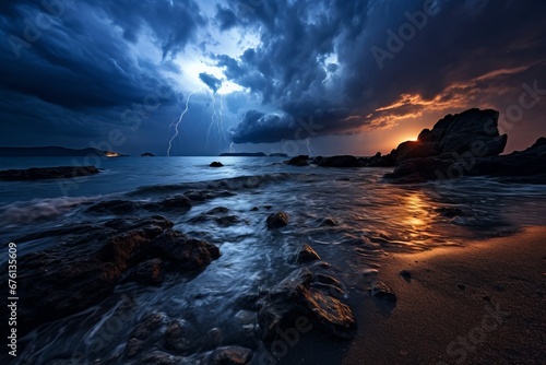 Dramatic and powerful lightning bolt illuminating the dark sky on the horizon of the vast sea