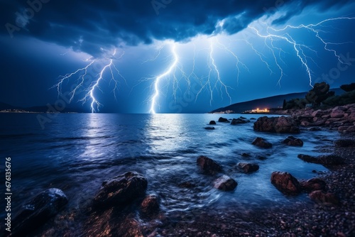 Captivating lightning bolt illuminates dark sky over sea horizon, creating unforgettable scene.