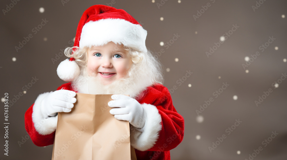 Cute little Santa Claus holding a gift bag. Merry christmas and Happy new year event. Generative ai Cute little Santa Claus holding a gift bag. Merry christmas and Happy new year event. Generative ai