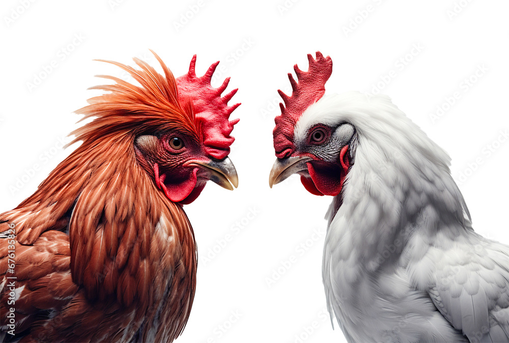 Native chicken on white background, two chickens, For art texture, presentation design or web design and web background. Generative ai
