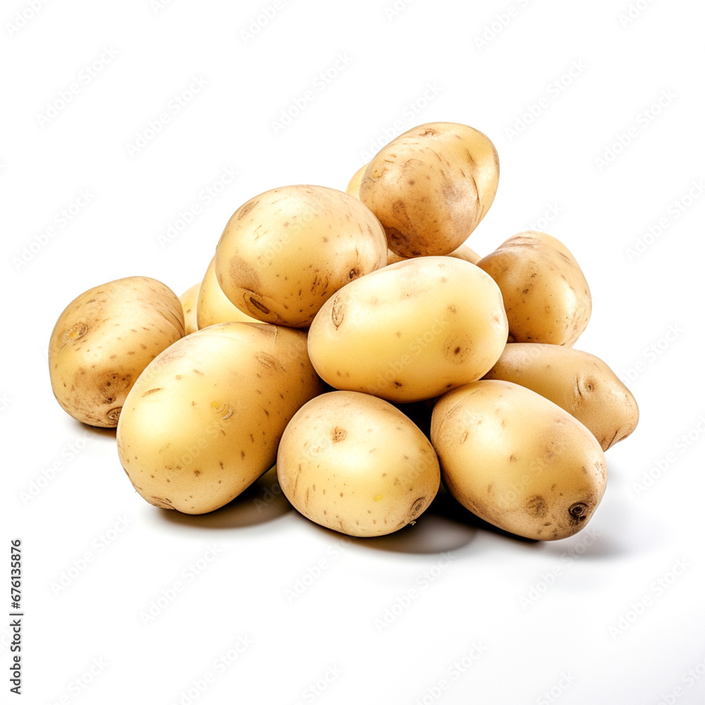 Potatoes on white background, space to enter text to write a message. For art texture, presentation design or web design and web background. Generative AI. Potatoes on white background, space to enter text to write a message. For art texture, presentation design or web design and web background. Generative AI.