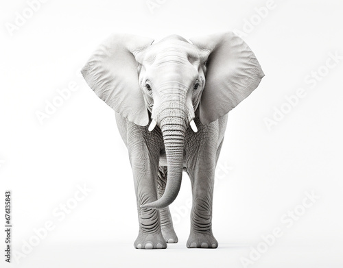 Close-up photo of a wild elephant, beautiful ivory, large ears, on a white background. For art texture, presentation design or web design and web background. Generative ai