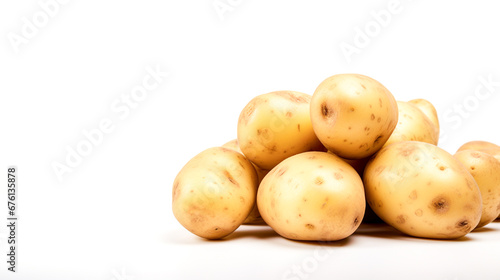 Potatoes on white background, space to enter text to write a message. For art texture, presentation design or web design and web background. Generative AI.