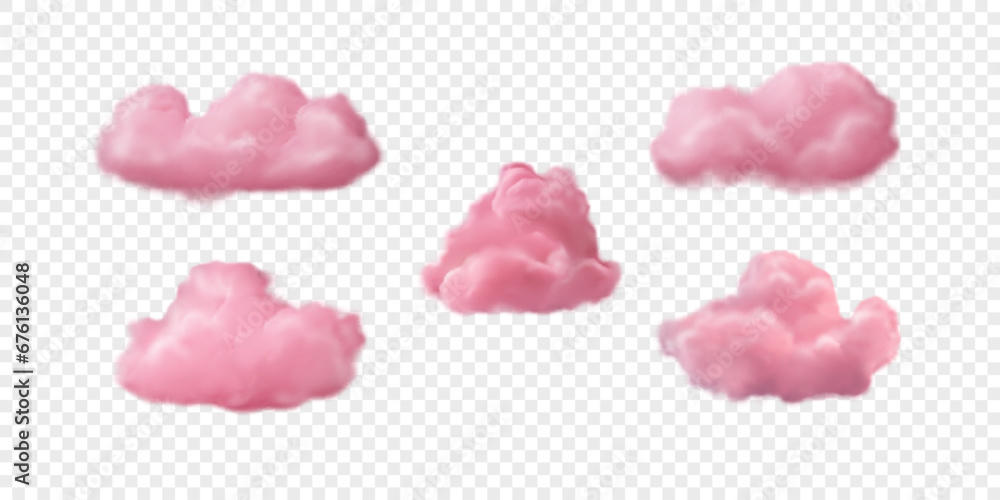 Vector set of pink 3d clouds. Realistic fluffy clouds isolated on transparent backdrop