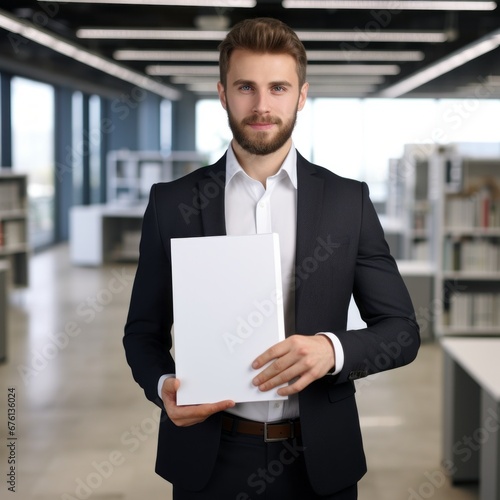 In a modern office, a businessman in a suit showcases a large white book to the camera.