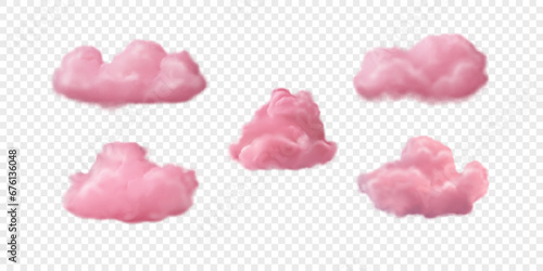 Vector set of pink 3d clouds. Realistic fluffy clouds isolated on transparent backdrop