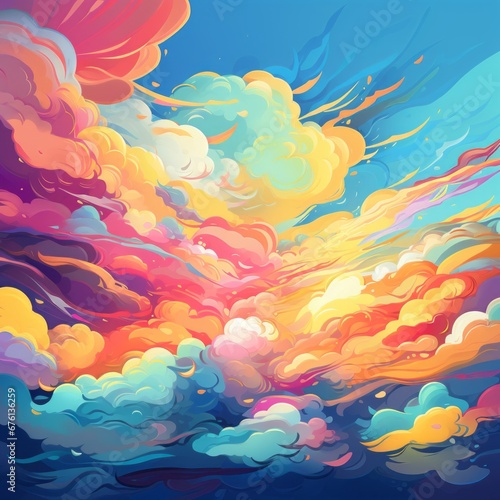 Abstract depiction, a colorful cloud adorned with different shapes seems to drift and dance freely in the sky.