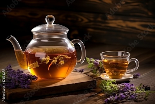 Various herbal dry tea, teapot and cup on wooden table. Top view with copy space.