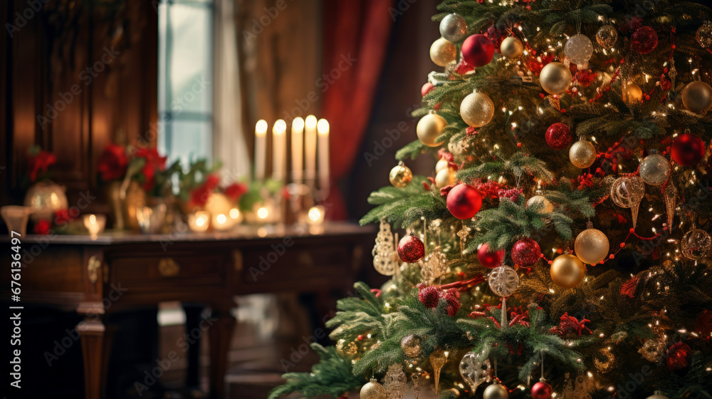 Christmas cozy interior. Majestic Christmas tree with colorful vintage ornaments and baubles