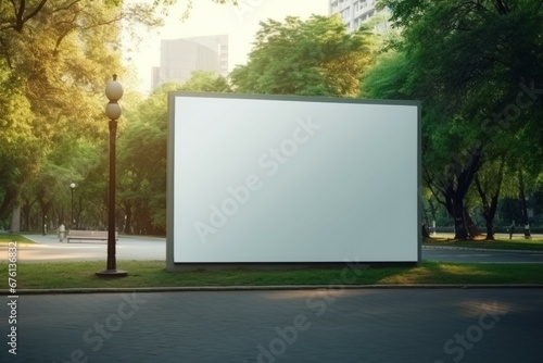 Blank billboard white screen side road in city. ad mockup copy space for advertising banner near park in metropolis.