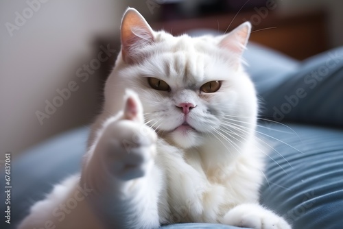 Funny white cat showing thumb up
