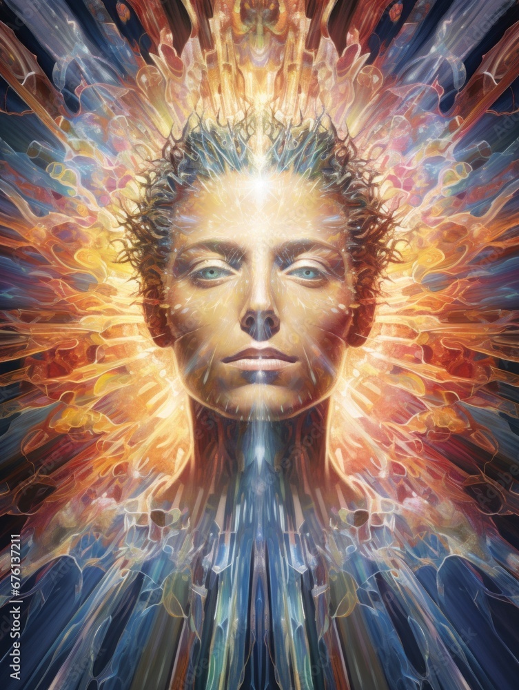 Human form fashioned from streams of light, characterized by visionary attributes, translucency, and a holographic nature. Human form fashioned from streams of light, characterized by visionary attributes, translucency, and a holographic nature.