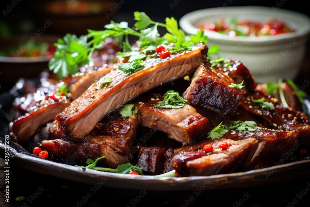 Close up of succulent roasted barbecue pork ribs, perfectly sliced and oozing with juicy goodness Close up of succulent roasted barbecue pork ribs, perfectly sliced and oozing with juicy goodness