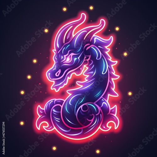 Christmas dragon in neon lights, shining 2024 symbol