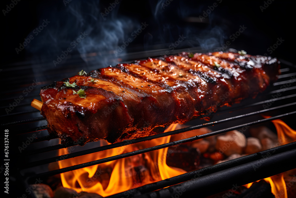 Close up view of barbecue ribs on fire Close up view of barbecue ribs on fire
