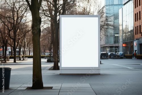 Billboard with white canvas by the road on the background of a winter forest, mock up billboard 