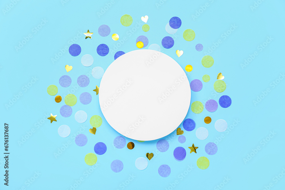 Blank card with confetti on blue background Blank card with confetti on blue background