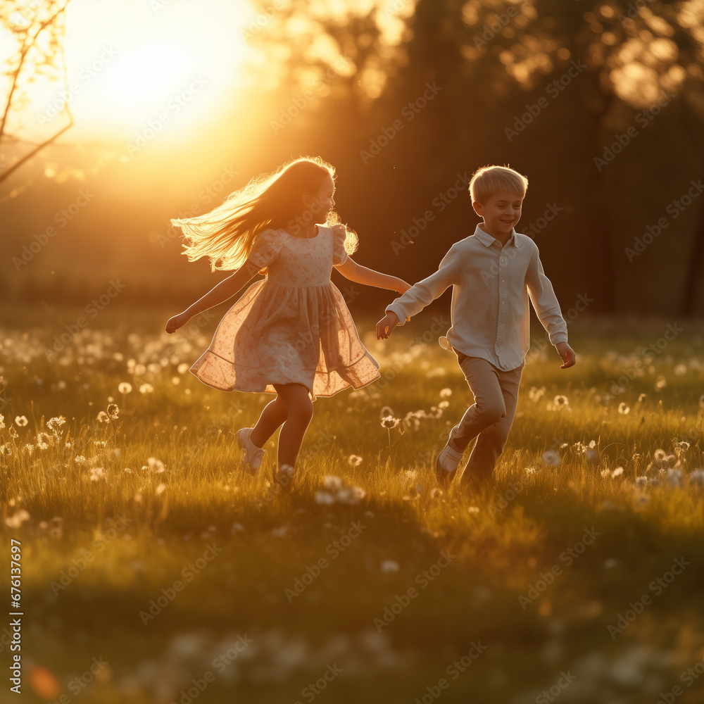 Fototapeta premium Active children walk in the park at sunset.